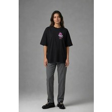 Posh Cabal G01012 Baskılı Oversize Siyah Kadın T-Shirt
