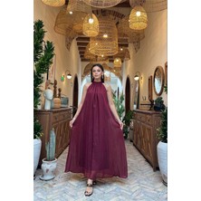 Neşeli Butik Kadın Bordo Halter Yaka Kolsuz Dökümlü Tam Boy Yazlık Elbise NBMY4074