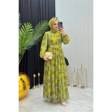 Neşeli Butik Kadın Yeşil Kemer Detaylı Çiçek Desen Şifon Tesettür Elbise NMS100