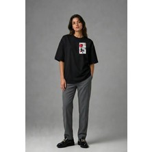 Posh Cabal G02134 Baskılı Oversize Siyah Kadın T-Shirt