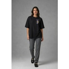 Posh Cabal G01098 Baskılı Oversize Siyah Kadın T-Shirt