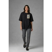 Posh Cabal G02103 Baskılı Oversize Siyah Kadın T-Shirt