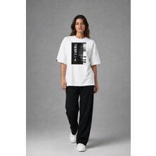 Posh Cabal F03123 Baskılı Oversize Beyaz Kadın T-Shirt