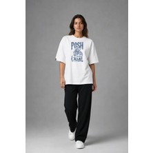 Posh Cabal F03063 Baskılı Oversize Beyaz Kadın T-Shirt