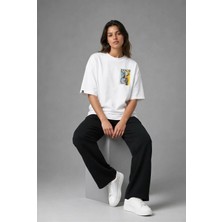 Posh Cabal G02085 Baskılı Oversize Beyaz Kadın T-Shirt