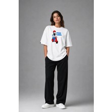 Posh Cabal F03071 Baskılı Oversize Beyaz Kadın T-Shirt