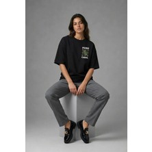 Posh Cabal G01030 Baskılı Oversize Siyah Kadın T-Shirt