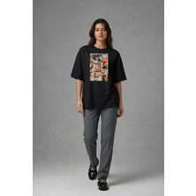 Posh Cabal F02053 Baskılı Oversize Siyah Kadın T-Shirt