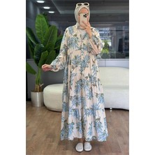 Neşeli Butik Kadın Mavi Hakim Yaka Düğmeli Viskon Çiçek Desenli Tesettür Elbise NMS099