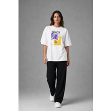Posh Cabal F03098 Baskılı Oversize Beyaz Kadın T-Shirt