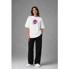 Posh Cabal F02009 Baskılı Oversize Beyaz Kadın T-Shirt