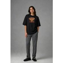 Posh Cabal F02069 Baskılı Oversize Siyah Kadın T-Shirt