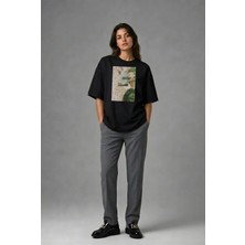 Posh Cabal F02101 Baskılı Oversize Siyah Kadın T-Shirt
