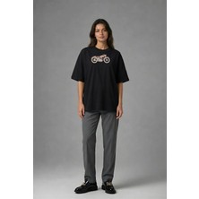 Posh Cabal F02082 Baskılı Oversize Siyah Kadın T-Shirt