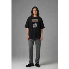 Posh Cabal F02107 Baskılı Oversize Siyah Kadın T-Shirt