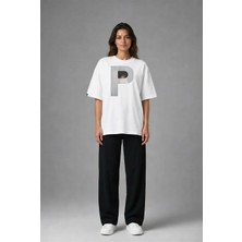 Posh Cabal F02112 Baskılı Oversize Beyaz Kadın T-Shirt