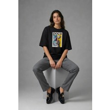 Posh Cabal F02085 Baskılı Oversize Siyah Kadın T-Shirt