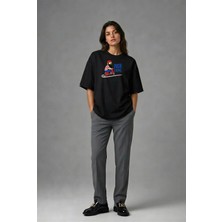 Posh Cabal F02121 Baskılı Oversize Siyah Kadın T-Shirt