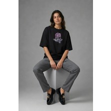 Posh Cabal F02100 Baskılı Oversize Siyah Kadın T-Shirt