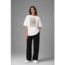 Posh Cabal F02104 Baskılı Oversize Beyaz Kadın T-Shirt