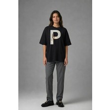 Posh Cabal F02117 Baskılı Oversize Siyah Kadın T-Shirt