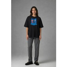 Posh Cabal F02062 Baskılı Oversize Siyah Kadın T-Shirt