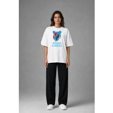 Posh Cabal F02057 Baskılı Oversize Beyaz Kadın T-Shirt