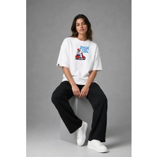 Posh Cabal F02120 Baskılı Oversize Beyaz Kadın T-Shirt