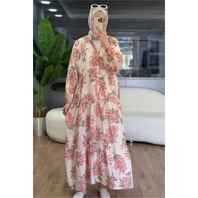 Neşeli Butik Kadın Pembe Hakim Yaka Düğmeli Viskon Çiçek Desenli Tesettür Elbise NMS099