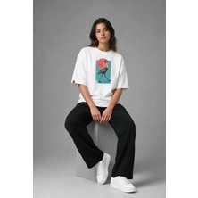 Posh Cabal F02125 Baskılı Oversize Beyaz Kadın T-Shirt