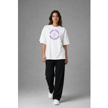 Posh Cabal F02093 Baskılı Oversize Beyaz Kadın T-Shirt