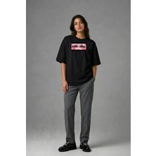 Posh Cabal F02099 Baskılı Oversize Siyah Kadın T-Shirt