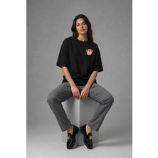 Posh Cabal G02020 Baskılı Oversize Siyah Kadın T-Shirt