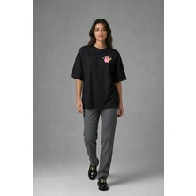 Posh Cabal G02023 Baskılı Oversize Siyah Kadın T-Shirt