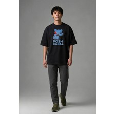 Posh Cabal F02058 Baskılı Oversize Siyah Erkek T-Shirt