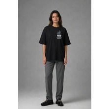 Posh Cabal G01052 Baskılı Oversize Siyah Kadın T-Shirt