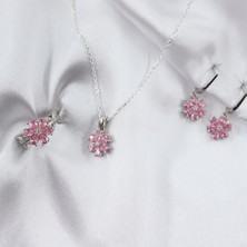 Gezer Kuyumculuk Lotus Çiçeği Gümüş Takı Seti, Pembe Takı Seti, Yüzük - Küpe - Kolye Set