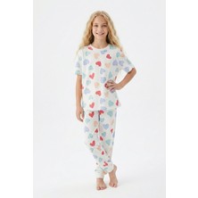 Alkın Kids 3-13 Yaş Kız Çocuk Kalp Desenli %100 Pamuklu Kısa Kollu Pijama Takımı