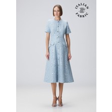  collection mavi payetli midi tweed elbise