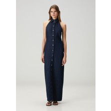 7 For All Mankind Koyu Mavi Maksi Denim Elbise