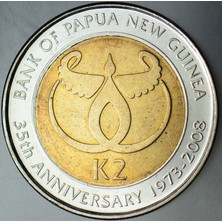 Banknoting Papua Yeni Gine 2 Kina 2008 Hatıra-Merkez Bankasının 35. Yılı. Bimetal Çil.