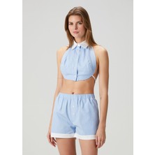 Mavi Beyaz Çizgili Crop Bluz