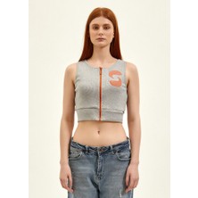 Nasaqu Aktif Fermuarlı Gri Krom Crop Top