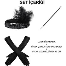 Nacario Mey Ithalat® Gatsby Aksesuar Seti – Siyah Charleston Saç Bandı, Uzun Eldiven &amp; Sigaralık