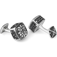 Boga Engraved Cap Dia Zircon Siyah Gümüş Kol Düğmesi