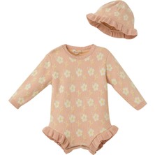 Patique Kids Pembe Organik Pamuk Çiçekli Tulum ve Şapka Kız Bebek 2'li Set