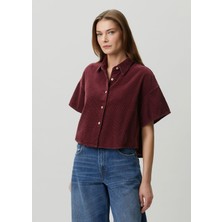 American Vintage Padow Bordo Kısa Kollu Fitilli Kadife Gömlek