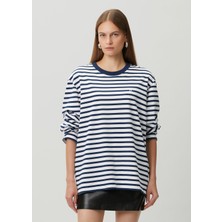 Ami Paris Boxy Fit Lacivert Beyaz Çizgili Uzun Kol T-Shirt