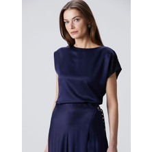  collection lacivert dantelli yün karışımlı bluz