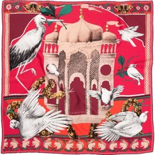 Lumoths Miniature Palace Kuşlar ve Köşk Ipek Twill Kadın Eşarp